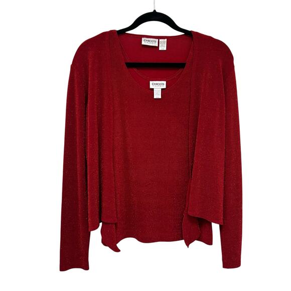 Chico’s Travelers Red Shimmer Open Front Cardigan & Shell Tank Set Womens 4 - Picture 1 of 7